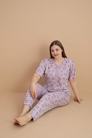 Pijamerry Kadın Büyük Beden Dantel Yaka Bambu Kısa Kol İnce Pijama Takımı 5901 - 1 Adet