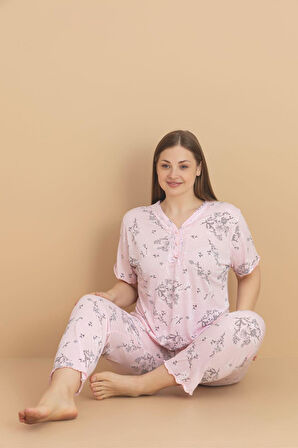 Pijamerry Kadın Büyük Beden Dantel Yaka Bambu Kısa Kol İnce Pijama Takımı 5989 - 1 Adet