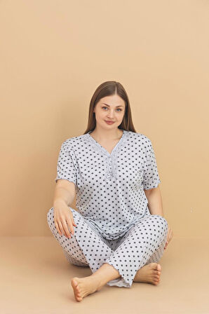Pijamerry Kadın Büyük Beden Dantel Yaka Bambu Kısa Kol İnce Pijama Takımı 5929 - 1 Adet