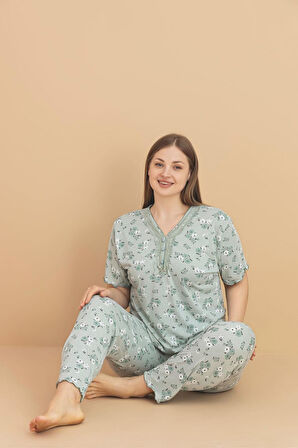Pijamerry Kadın Büyük Beden Dantel Yaka Bambu Kısa Kol İnce Pijama Takımı 5930 - 1 Adet