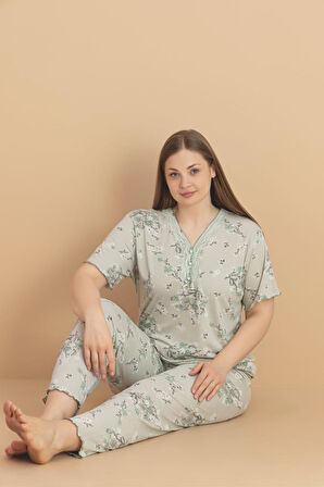 Pijamerry Kadın Büyük Beden Dantel Yaka Bambu Kısa Kol İnce Pijama Takımı 5990 - 1 Adet