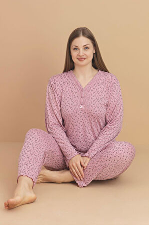 Pijamerry Kadın Büyük Beden Dantel Yaka Bambu Uzun Kol İnce Pijama Takımı 5920- 1 Adet