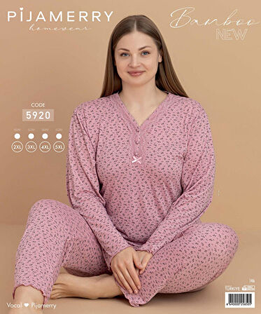 Pijamerry Kadın Büyük Beden Dantel Yaka Bambu Uzun Kol İnce Pijama Takımı 5920- 1 Adet