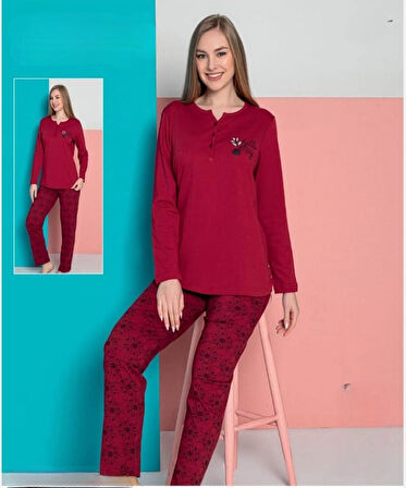 Senfoni Kadın Viskon Penye Düğme Yaka Uzun Kol Pijama Takımı 10383 -1 Adet