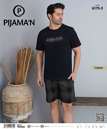 Pijamoni Erkek Bisiklet Yaka Kısa Kol Şortlu Pijama Takımı 6175/3 - 1 Adet