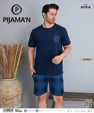 Pijamoni Erkek Bisiklet Yaka Kısa Kol Şortlu Pijama Takımı 6175/8 - 1 Adet