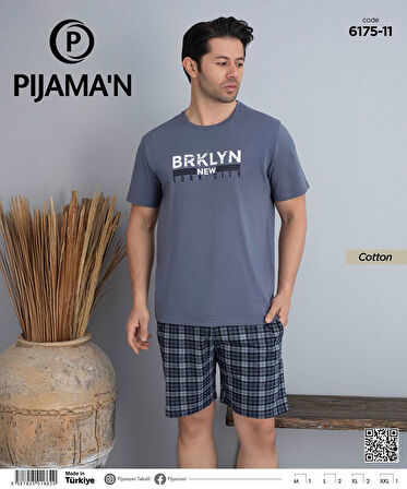 Pijamoni Erkek Bisiklet Yaka Kısa Kol Şortlu Pijama Takımı 6175/11 - 1 Adet