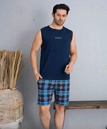 Pijamoni Erkek Bisiklet Yaka Kolsuz Şortlu Pijama Takımı 6185/2 - 1 Adet