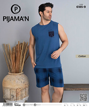 Pijamoni Erkek Bisiklet Yaka Kolsuz Şortlu Pijama Takımı 6185/9 - 1 Adet