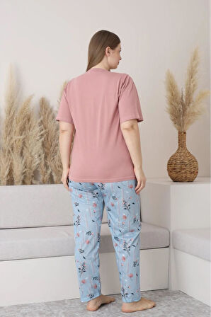 Sude Kadın Büyük Beden Düğme Yaka Penye Kısa Kol İnce Pijama Takımı P127 - 1 Adet