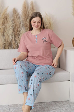 Sude Kadın Büyük Beden Düğme Yaka Penye Kısa Kol İnce Pijama Takımı P127 - 1 Adet