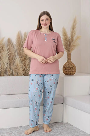 Sude Kadın Büyük Beden Düğme Yaka Penye Kısa Kol İnce Pijama Takımı P127 - 1 Adet