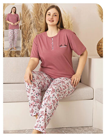 Sude Kadın Büyük Beden Düğme Yaka Penye Kısa Kol İnce Pijama Takımı P134 - 1 Adet