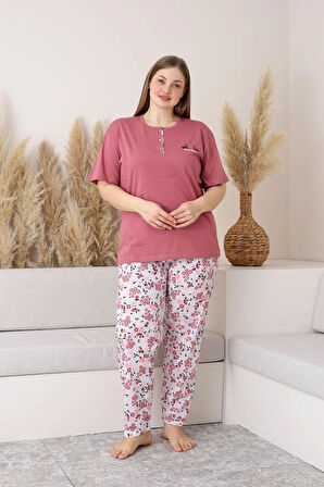 Sude Kadın Büyük Beden Düğme Yaka Penye Kısa Kol İnce Pijama Takımı P134 - 1 Adet