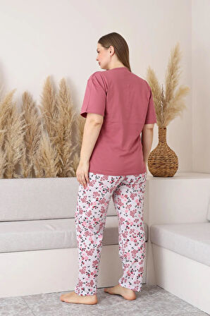Sude Kadın Büyük Beden Düğme Yaka Penye Kısa Kol İnce Pijama Takımı P134 - 1 Adet