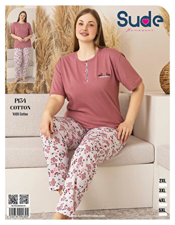Sude Kadın Büyük Beden Düğme Yaka Penye Kısa Kol İnce Pijama Takımı P134 - 1 Adet