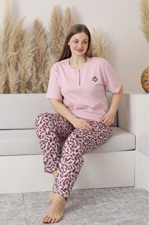 Sude Kadın Büyük Beden Düğme Yaka Penye Kısa Kol İnce Pijama Takımı P146 - 1 Adet