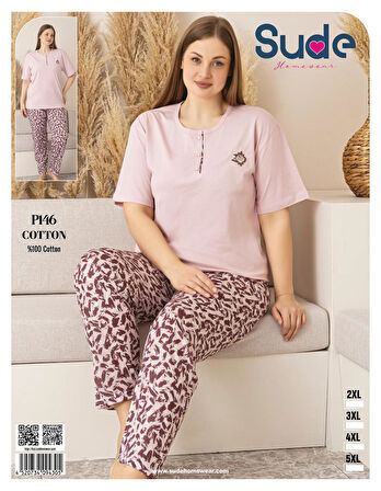 Sude Kadın Büyük Beden Düğme Yaka Penye Kısa Kol İnce Pijama Takımı P146 - 1 Adet