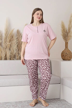 Sude Kadın Büyük Beden Düğme Yaka Penye Kısa Kol İnce Pijama Takımı P146 - 1 Adet