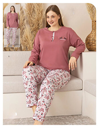 Sude Kadın Büyük Beden Düğme Yaka Penye Uzun Kol İnce Pijama Takımı P135 - 1 Adet
