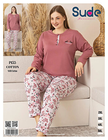 Sude Kadın Büyük Beden Düğme Yaka Penye Uzun Kol İnce Pijama Takımı P135 - 1 Adet