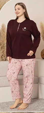Sude Kadın Büyük Beden Düğme Yaka Penye Uzun Kol İnce Pijama Takımı A600-492 - 1 Adet