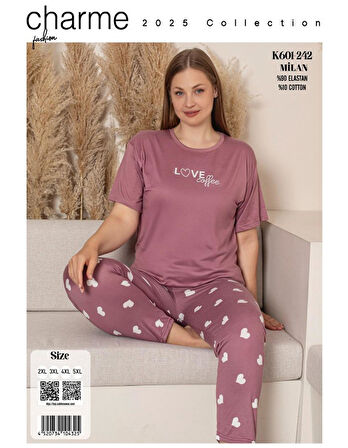 Charme Kadın Büyük Beden Bisiklet Yaka MİLAN Likralı Kısa Kol Pijama Takımı K601/242 - 1 Adet