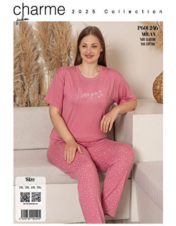 Charme Kadın Büyük Beden Bisiklet Yaka MİLAN Likralı Kısa Kol Pijama Takımı K601/246 - 1 Adet