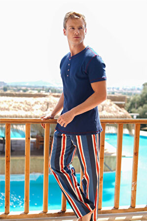 Jiber Erkek Lacivert Çizgili Düğmeli Yaka Kısa Kol Pijama Takımı 15014 -  1 Adet