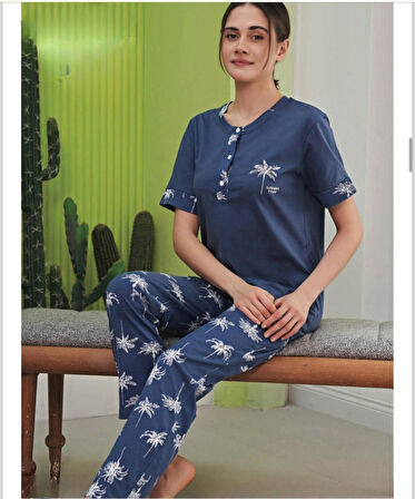 Miss Klein Kadın Büyük Beden Düğme Yaka Pamuklu Likralı Kısa Kol Pijama Takımı 1135 - 1 Adet