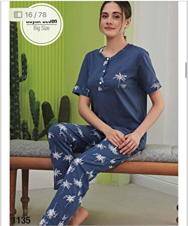 Miss Klein Kadın Büyük Beden Düğme Yaka Pamuklu Likralı Kısa Kol Pijama Takımı 1135 - 1 Adet