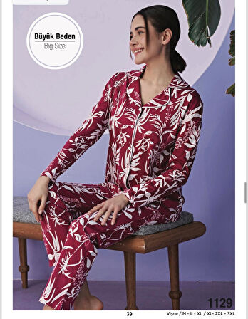 Miss Klein Kadın Büyük Beden Gömlek Yaka Pamuklu Likralı Uzun Kol Pijama Takımı 1129 - 1 Adet