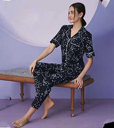Miss Klein Kadın Büyük Beden Gömlek Yaka Pamuklu Likralı Kısa Kol Pijama Takımı 1130 - 1 Adet