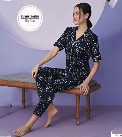 Miss Klein Kadın Büyük Beden Gömlek Yaka Pamuklu Likralı Kısa Kol Pijama Takımı 1130 - 1 Adet