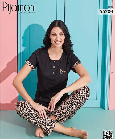 Pijamoni Kadın Viskoz Likralı Düğme Yaka Kaşkorse Patlı Kısa Kol Pijama Takımı 5520-1 / 1 Adet