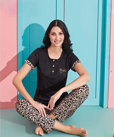 Pijamoni Kadın Viskoz Likralı Düğme Yaka Kaşkorse Patlı Kısa Kol Pijama Takımı 5520-1 / 1 Adet