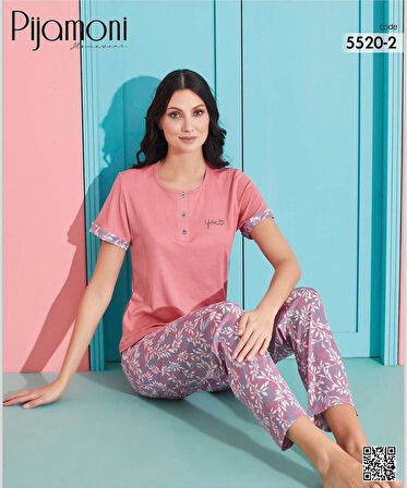 Pijamoni Kadın Viskoz Likralı Düğme Yaka Kaşkorse Patlı Kısa Kol Pijama Takımı 5520-2 / 1 Adet