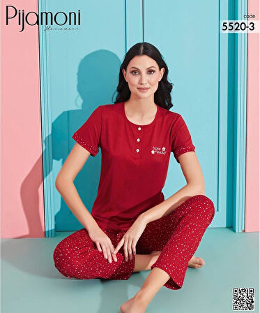 Pijamoni Kadın Viskoz Likralı Düğme Yaka Kaşkorse Patlı Kısa Kol Pijama Takımı 5520-3 / 1 Adet