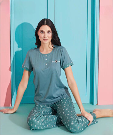 Pijamoni Kadın Viskoz Likralı Düğme Yaka Kaşkorse Patlı Kısa Kol Pijama Takımı 5520-4 / 1 Adet