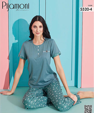 Pijamoni Kadın Viskoz Likralı Düğme Yaka Kaşkorse Patlı Kısa Kol Pijama Takımı 5520-4 / 1 Adet