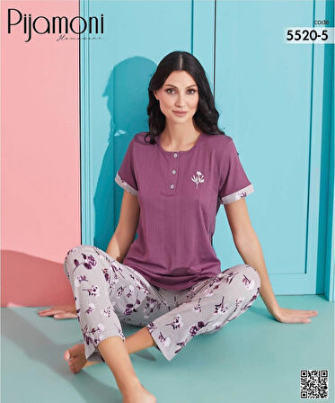Pijamoni Kadın Viskoz Likralı Düğme Yaka Kaşkorse Patlı Kısa Kol Pijama Takımı 5520-5 / 1 Adet