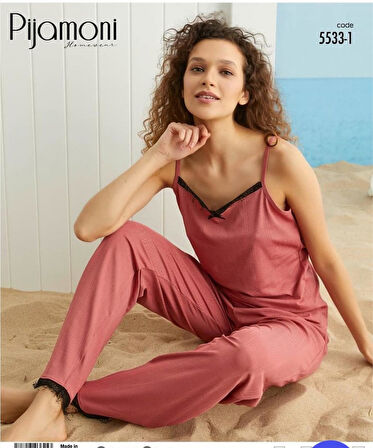 Pijamoni Kadın İp Askılı  Kaşkorse Viskoz Likralı Pijama Takımı 5533-1 / 1 Adet