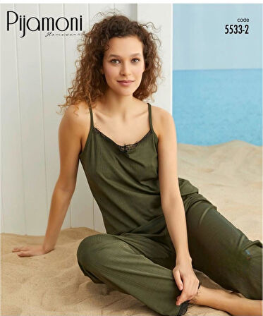 Pijamoni Kadın İp Askılı  Kaşkorse Viskoz Likralı Pijama Takımı 5533-2 / 1 Adet