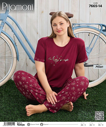 Pijamoni Kadın Milan Büyük Beden Bisiklet Yaka Kısa Kol İnce Pijama Takımı 7665/14 - 1 Adet