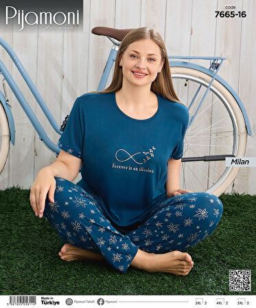 Pijamoni Kadın Milan Büyük Beden Bisiklet Yaka Kısa Kol İnce Pijama Takımı 7665/16 - 1 Adet
