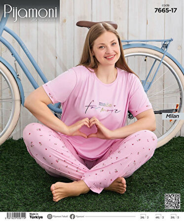 Pijamoni Kadın Milan Büyük Beden Bisiklet Yaka Kısa Kol İnce Pijama Takımı 7665/17 - 1 Adet