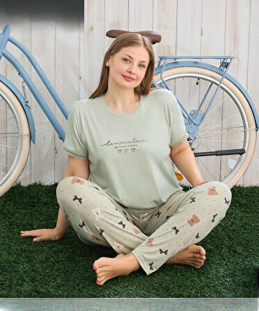 Pijamoni Kadın Milan Büyük Beden Bisiklet Yaka Kısa Kol İnce Pijama Takımı 7665/20 - 1 Adet