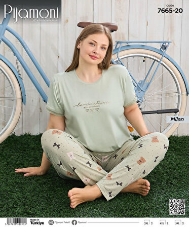 Pijamoni Kadın Milan Büyük Beden Bisiklet Yaka Kısa Kol İnce Pijama Takımı 7665/20 - 1 Adet