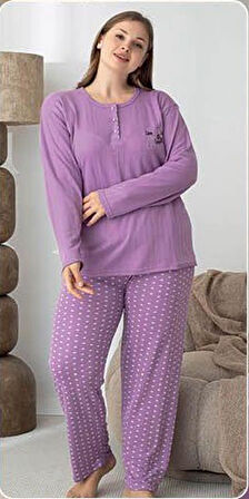 Lindros Kadın Pamuk'lu Düğme Yaka Raporlu İnterlok KIŞLIK Battal Pijama Takımı 05143 - 1 Adet