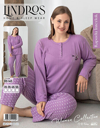 Lindros Kadın Pamuk'lu Düğme Yaka Raporlu İnterlok KIŞLIK Battal Pijama Takımı 05143 - 1 Adet